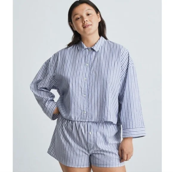 NWT Everlane The Woven PJ Button Down Crop Top Blue White Stripe Cotton Medium - Picture 2 of 14